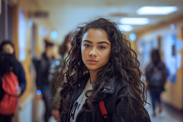 A young female student with curly hair stands in focus in a school hallway, embodying confidence and youthful beauty.