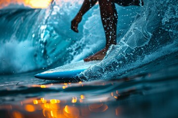 Surfer riding a wave, with water droplets suspended around the surfboard.