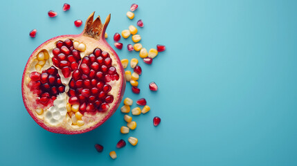 Pomegranate cut in half on a blue background with red seeds and corn grains spilling out. Web banner with empty space for text. Digital manipulation. Minimal food concept