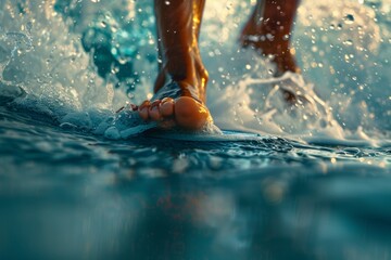 Close-up view of a surfers feet balanced on a surfboard, cutting through ocean waves. - obrazy, fototapety, plakaty