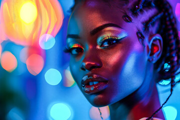 Black Woman in Nightclub.  Generated Image.  A digital rendering of a beautiful black woman in a nightclub with blacklight.