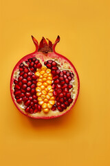 Minimal food idea with pomegranate cut in half made of pomegranate and corn seeds. yellow background. Flat lay. Product shot. Digital manipulation. 