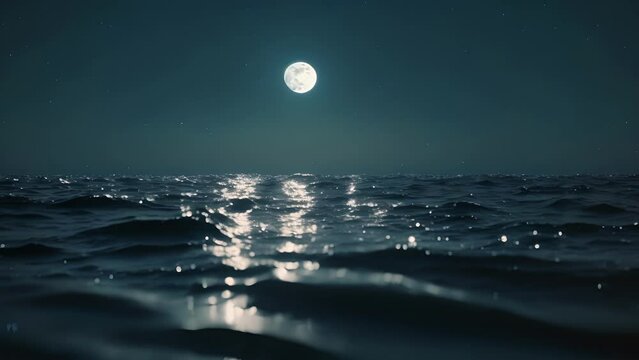 The tranquil midnight ocean with its rhythmic waves and sparkling reflections of the moon inviting you to lose yourself in its beauty. . .