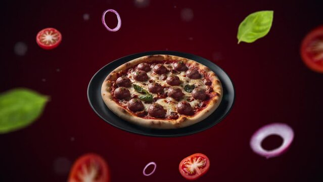 Sausage Neapolitan pizza on a plate Animation intro for advertising or marketing of restaurants with the ingredients of the dish flying in the air - price tag or sale