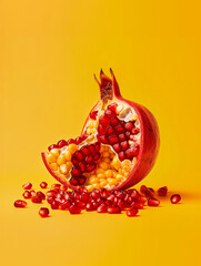 Minimal food idea with pomegranate cut in half on a yellow background with red seeds and corn grains spilling out. Product shot. Digital manipulation. 