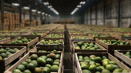 Avocados harvested in wooden boxes in a warehouse. Natural organic fruit abundance. Healthy and natural food storing and shipping concept.
