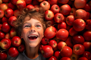 Fototapeta na wymiar Portrait of a smiling and happy little boy covered in delicious and healthy apples