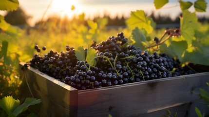 Black currant harvested in a wooden box in a farm with sunset. Natural organic fruit abundance. Agriculture, healthy and natural food concept. Horizontal composition.