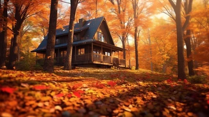 Foto op Canvas Wooden house in the autumn forest with fallen leaves on the ground © danang