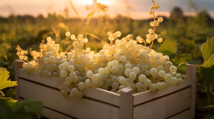 White currant harvested in a wooden box in a farm with sunset. Natural organic fruit abundance. Agriculture, healthy and natural food concept. Horizontal composition.