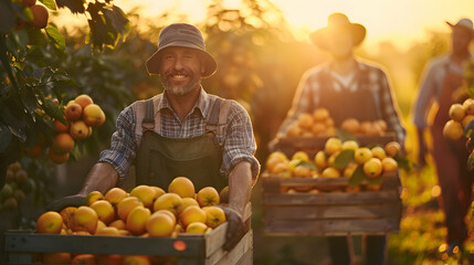 Group of farmers holding wooden boxes full of fresh fruits standing in the orchard with sunset. Concept of healthy lifestyle, local farming and sustainability.