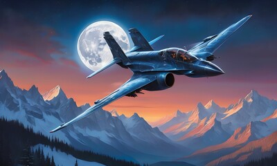 wallpaper, a fighter flying at high speed above the snowy Alps, lit by a full moon