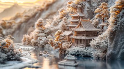 exquisite 3d embroidery depicting a chinese landscape with mountains, a river, and traditional architecture in a white and warm sunlight tone