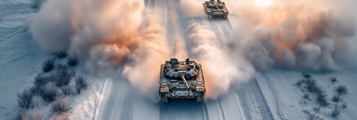 tanks advancing on frozen winter battlefield