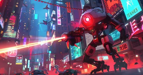 Fotobehang A futuristic robot battling alien invaders in a neon-lit cityscape  AI generated illustration © Olive Studio