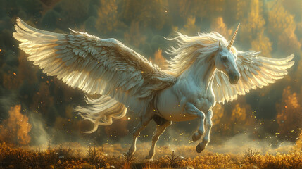 The flying horse landed in the forest. The Amazing Winged Horse. Mythical creature.