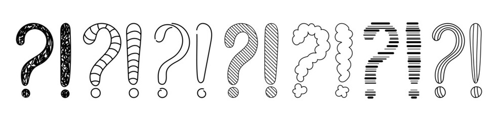 Doodle question and exclamation marks hand drawn sketch vector illustration set. Collection of various exclamation and question attention, asking, doubt and warning punctuation freehand scribbles. - obrazy, fototapety, plakaty