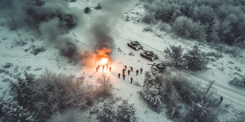 aerial view of tanks and infantry on frozen winter battlefield