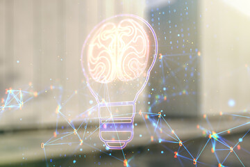 Abstract virtual light bulb illustration with human brain on blurry contemporary office building...