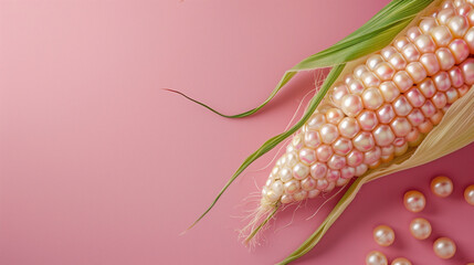 Pearl corn on the cob with pearls scattered around, against a pastel pink background. Web banner with empty space for text. Minimal food idea. Flat lay
