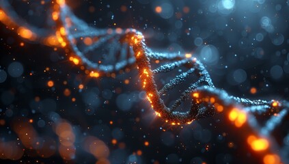 A computer generated image of a DNA strand with glowing lights in electric blue colors, creating a futuristic and mysterious atmosphere in a dark landscape resembling outer space