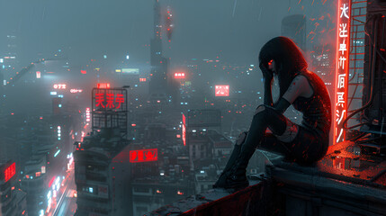 girl sitting on a ledge cyberpunk anime style, generative Ai - obrazy, fototapety, plakaty
