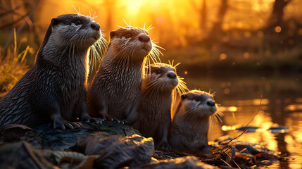 Otter family at the bank of the forest river with setting sun shining. Group of wild animals in...