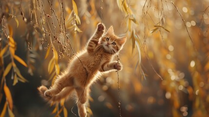 A cute cat hanging from the willow - obrazy, fototapety, plakaty