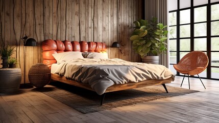 style bedroom with brick walls and wooden floor