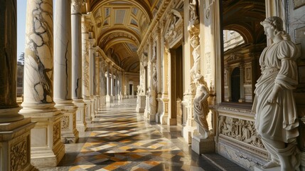 A grand palace with ornate columns and marble statues  AI generated illustration