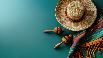 Mexican sombrero hat and maracas - obrazy, fototapety, plakaty