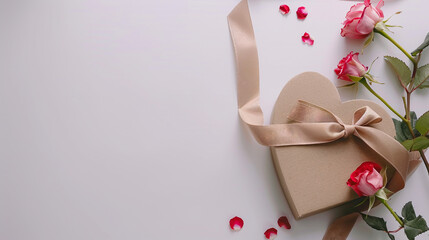 A heart-shaped box with pink roses and a ribbon around it