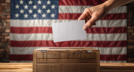 USA elections concept. hand of a person voting in the US presidential elections, The voter holds his vote ballot paper and places it in the ballot box, USA flag on the background. voting process - obrazy, fototapety, plakaty