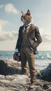 A highly detailed k image of an anthropomorphic cat man posing at the coast in a stylish and laid-back manner  AI generated illustration