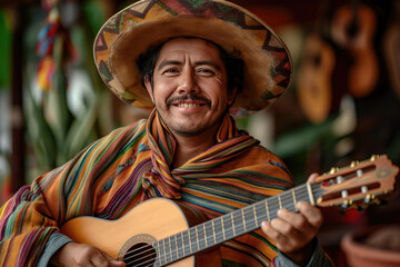 Mexican man playing guitar in traditional mexican poncho