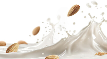 Splash of milk with almond on white background - 779455550