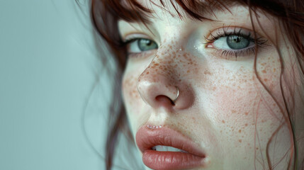 Young woman nose with nasal piercing close-up view