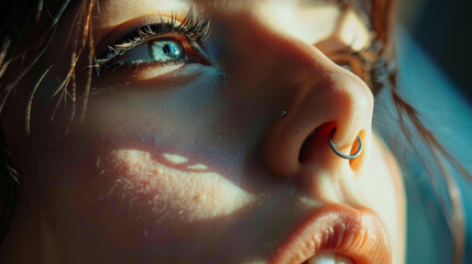 Young woman nose with nasal piercing close-up view