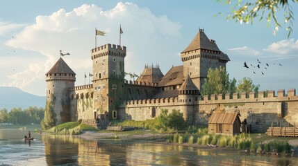 A historic representation of a medieval fortress  AI generated illustration - obrazy, fototapety, plakaty