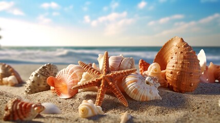 Fototapeta na wymiar Seashells on the beach. Sea shells with sand as background