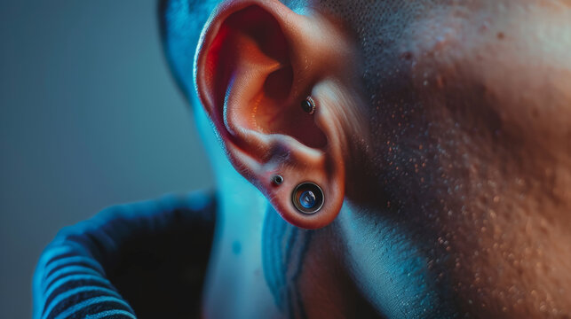 Man ear with men ear piercing close-up view