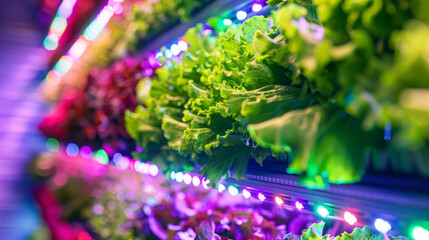Vertical farm facility, showcasing rows of leafy greens and herbs growing vertically in stacked layers under artificial lighting, sustainable farming practices for urban agriculture food production - Powered by Adobe