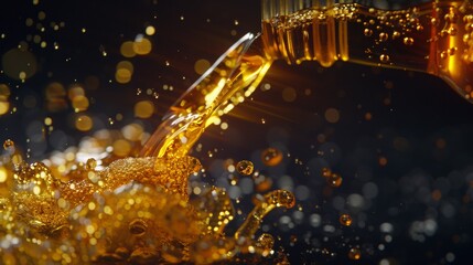 cinematic still shot of golden liquid flowing like a stream out of an open bottle, dark background,