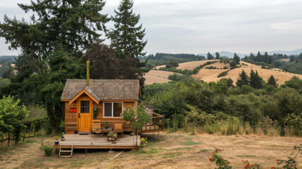 Naklejka premium Charming tiny house nestled in a scenic rural landscape, surrounded by trees and rolling hills, clever design and compact living spaces of tiny houses functional and cozy homes for minimalist living