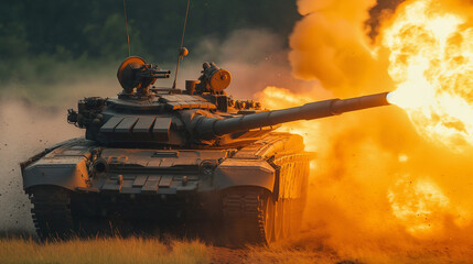 tank firing on the battlefield - obrazy, fototapety, plakaty