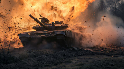 tank exploding on the battlefield - obrazy, fototapety, plakaty