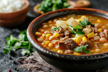 Pozole traditional Mexican thick soup with corn and meat - 779456182
