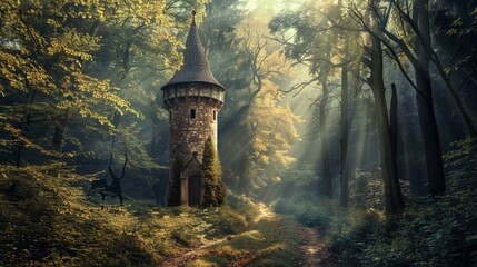 A magical wizards tower in a mystical forest  AI generated illustration - obrazy, fototapety, plakaty