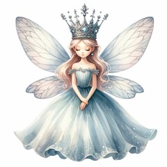 Fairy queen with a royal crown.  watercolor illustration, Perfect for nursery art, fantasy monarch kingdom a queen in crown and mantle. white background. - obrazy, fototapety, plakaty