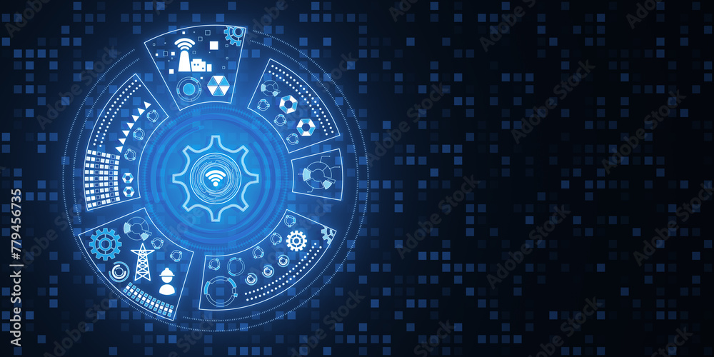 Aufkleber abstract round digital cogwheel and other icons hologram on blue background. tech support and innova